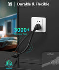 3 Ft Black Extension Cord For Indoor And Outdoor Use With 3 Prong Grounded Plug shown plugged into wall outlet, tested durability.
