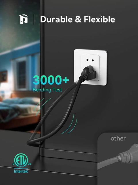 3 Ft Black Extension Cord For Indoor And Outdoor Use With 3 Prong Grounded Plug shown plugged into wall outlet, tested durability.