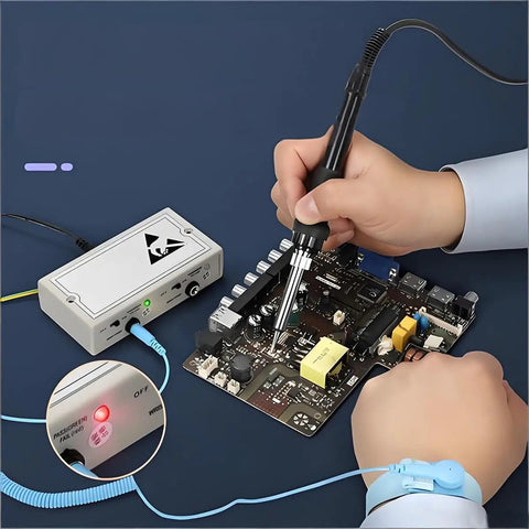 Person using ESD Safe Go-To Wrist Strap For PC And Electronics Repair With Adjustable Wristband And Alligator Clip during soldering