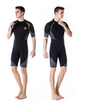 Men wearing Men's 1.5mm Back Zip Shorty Neoprene Wetsuit Premium Dope Quality For Spearfishing Snorkeling Surfing Canoeing And Scuba Diving All Around Water Sports With Durable YKK Zipper And Tight Comfortable Fit, front and side view