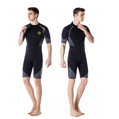 Men wearing Men's 1.5mm Back Zip Shorty Neoprene Wetsuit Premium Dope Quality For Spearfishing Snorkeling Surfing Canoeing And Scuba Diving All Around Water Sports With Durable YKK Zipper And Tight Comfortable Fit, front and side view