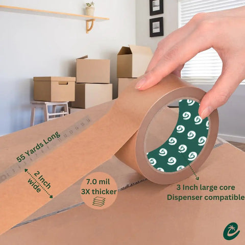 Premium Paper Packing Tape Self Adhesive Recyclable 2 Inch By 55 Yard Eco Friendly Heavy Duty Writable And Uncoated Packaging Tape For Box Sealing Masking Moving Supplies One Roll being used to seal a cardboard box.