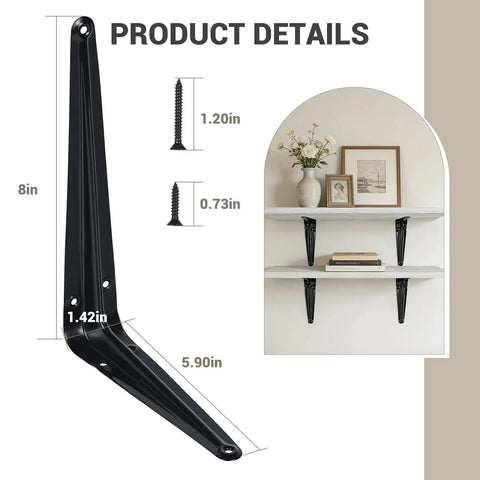 16 Pack Heavy Duty Metal Floating Shelf Brackets 6x8 Inch Black L Shaped Shelf Supports with screws and installed shelves