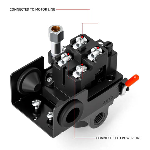Air Compressor Pressure Switch Control Valve With Red On Off Switch For Real World Jobs showcasing connection details