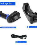 Package list showing Handheld 1D And 2D Wireless Barcode Scanner That Doubles As A Portable Inventory PDA Data Collector With 2.4G Long Range Transmission And A Bright 2 Inch LCD Screen For Quick No Fuss Stock Taking In Retail, Warehouse, And More, charging cradle, and USB data cable.