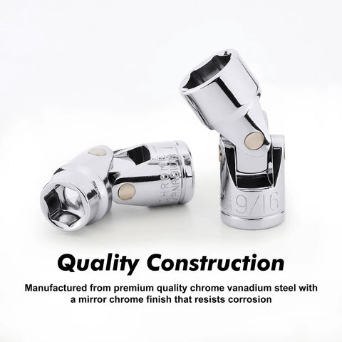 Three Eighths Inch Drive Universal Flex Socket Set For SAE And Metric Chrome Vanadium Steel Swivel Head