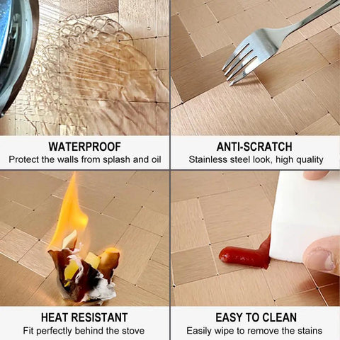 Close-up of 10 Sheet Peel And Stick Tile Backsplash With Sleek Stainless Steel Look For Kitchen Stove, showcasing waterproof, anti-scratch, heat resistant, and easy to clean properties.