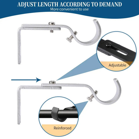 Heavy Duty Adjustable Curtain Rod Brackets For 1 Inch Rods, Silver Color, adjustable length, reinforced holder detail