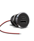Top Shelf Aluminum 12V USB Outlet And Dual Port Fast Charging Car Charger, black with red wires for easy installation.