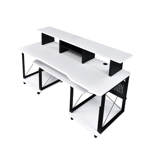 72 Inch Music Desk Workstation With Crossed Metal Panels Keyboard Tray White Finish Wide Monitor Surface Central Shelf Earphone Hook And Cable Cutouts For Mess Free Home Recording Studio - top angle view