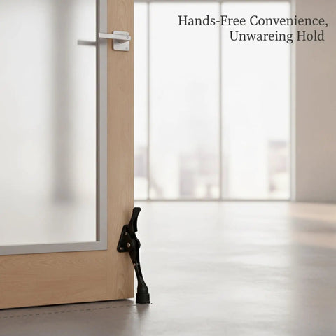 Foot Operated Door Stop With Weighted Base For Hands Free Entry On Standard Interior Doors, zinc stopper engaged