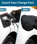 Rock Solid Heavy Duty Magnetic EV Charger Port Cover protects charge port from rain and snow, showing before and after use.