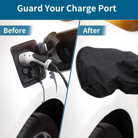 Rock Solid Heavy Duty Magnetic EV Charger Port Cover protects charge port from rain and snow, showing before and after use.