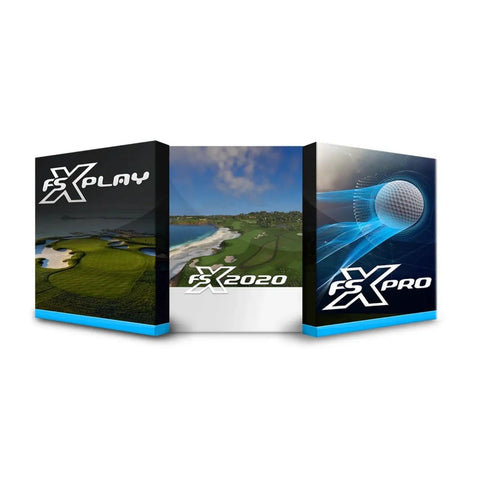 Three simulation software packages for GCQuad Golf Launch Monitor With Quadrascopic Four Camera System, showing virtual golf courses.