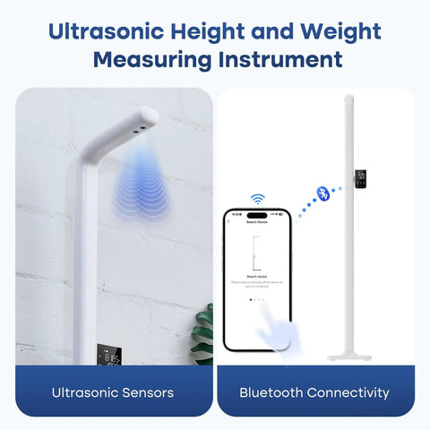 Pro Grade Clinic Height And Weight Scale With Ultrasonic Sensors And Four High Precision Load Cells, 76.8 Inch Max Height, 23.6 To 76.8 Inch Range, Accurate BMI Calculator Up To 485 Pounds Or 220 Kilograms, white clinic scale with Bluetooth