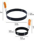 Set Of 6 Round Egg Rings And Pancake Molds With Silicone Handles, 3.5 Inch And 6 Inch Sizes, shown with measurement details.