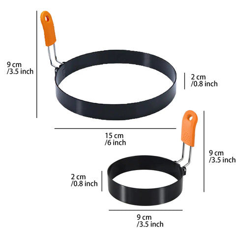 Set Of 6 Round Egg Rings And Pancake Molds With Silicone Handles, 3.5 Inch And 6 Inch Sizes, shown with measurement details.