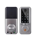 Auto Locking Smart Deadbolt With Touchless Fingerprint Entry And Magnetic Door Sensor Including Lightning Fast Unlocking Bluetooth App Control With Time Limited Guest Keys And Real Time Activity Logs For Total Peace Of Mind, showing silver keyless touchscreen and knob design.