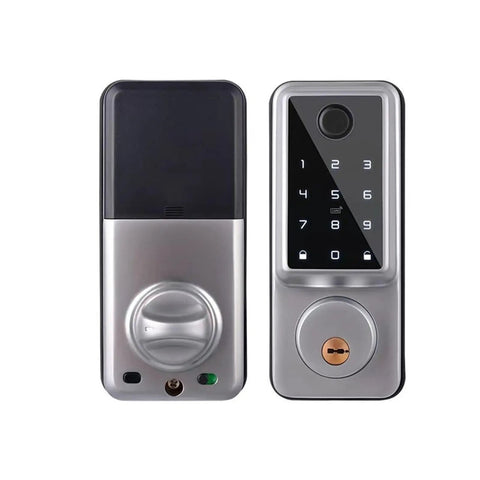 Slick Smart Deadbolt Lock Auto Latch Door Sensor And No Sweat Fingerprint Unlock Bluetooth remote control, silver design.