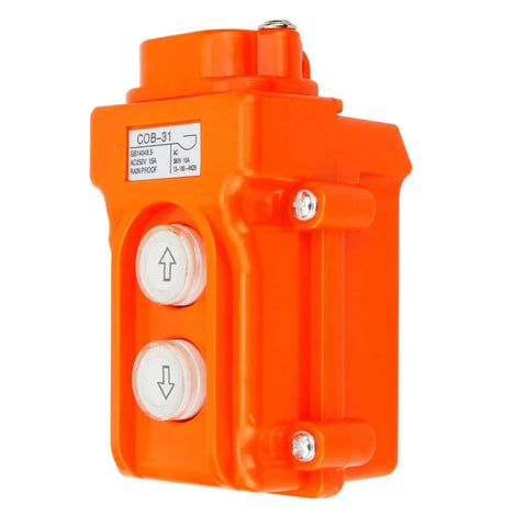 Up Down Momentary Hoist Pushbutton Switch CoB31 AC250V 15A AC380V 10A heavy duty orange housing with two control buttons.