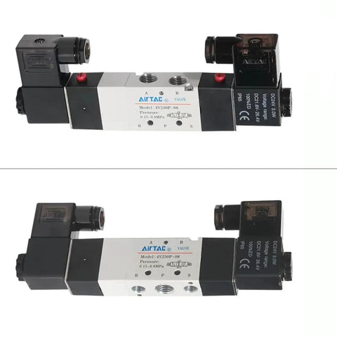 Double Solenoid Pneumatic Valve Five Two Way, 12V DC, One Half Inch PT Thread, Aluminum Alloy Body, front and back view.