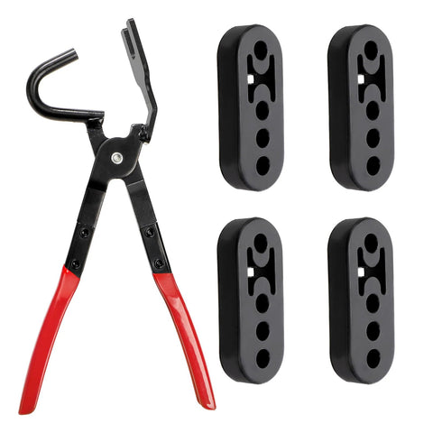 Covzoe exhaust hanger removal pliers set with four 4-hole rubber hangers; black pliers with red handles.