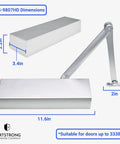 Ultra Heavy Duty Hydraulic Door Closer For High Traffic Areas, size and dimensions shown, metallic finish, Grade 1