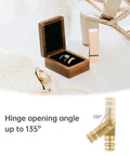 Image showing a wooden jewelry box with rings, showcasing 24 Pack Of 4 Millimeter Polished Brass Miniature Barrel Hinges Featuring Hidden Magnetic Closure And Included Depth Stop Drill Bit For Fine Woodwork And Models Straight Up Solid.