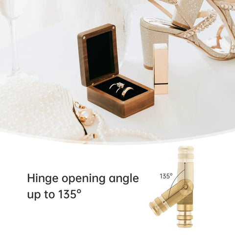 Image showing a wooden jewelry box with rings, showcasing 24 Pack Of 4 Millimeter Polished Brass Miniature Barrel Hinges Featuring Hidden Magnetic Closure And Included Depth Stop Drill Bit For Fine Woodwork And Models Straight Up Solid.
