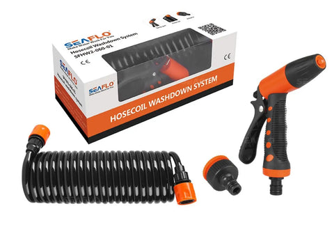 Portable 20 Foot Hosecoil Washdown System with coiled hose, spray gun, adjustable nozzle for marine, RV and boat deck cleaning kit