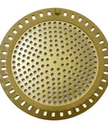 Gold Stainless Steel Shower Drain Catcher With Soft Silicone Edge Flat Round Tub Strainer, 4.75in diameter, traps hair and clogs.