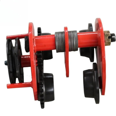 No Fuss Heavy Lifter Hand Chain Hoist With Integrated Monorail Trolley For Standard I Beam Structures In Warehouses And Workshops Featuring A Smooth Five Ton Manual Pull System That Gets The Job Done Right, showing red gear mechanism and roller assembly.