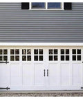 Screw Mounted Faux Garage Door Hardware Set With 4 Hinges And 2 Handles In Durable ABS Plastic installed on white carriage style garage door