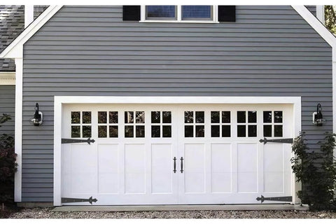Screw Mounted Faux Garage Door Hardware Set With 4 Hinges And 2 Handles In Durable ABS Plastic installed on white carriage style garage door