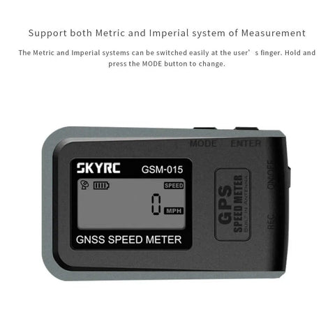 High Precision GNSS GPS Speed Meter For RC Drones And FPV Quads, Tracks Top Speed, Average Speed, And Max Altitude, Simultaneous GPS And GLONASS, 1M Flash Storage For About 2 Hours, 200mAh LiPo Battery, Great For Planes And Helis, front view showing display and mode buttons.