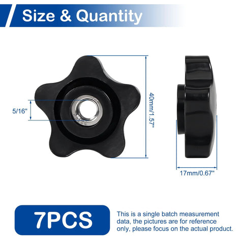 Black 5/16-18 star knob with metal bore; 40 mm diameter × 17 mm thick; 7-pack.