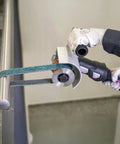 Premium PTX Fleece Nonwoven Buffing Belts Metal Polisher Grinder Attachment in use on a metal surface with blue grit.