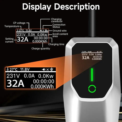Portable 26ft EV Charger Cable With NEMA 14-50 And 5-15 Plugs, 7.68 kW 32A Adjustable Current Level display