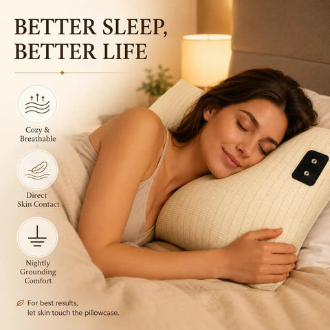 Woman sleeping on Grounding Pillowcase Queen With Conductive Silver Fiber And Organic Cotton For Faster Deeper Sleep Pain Relief Boosted Energy And Grounding Benefits 15ft Cord 20x30 Inch 1 Piece in bedroom