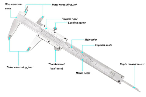Diagram of Built Tough Vernier Caliper 0-6 Inch Stainless Steel Precision Measuring Tool with labeled parts and scales