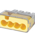 Easy Peasy No Twist Wire Connectors Heavy Duty Push In Splice Blocks For 12 To 20 AWG Cables clear housing and four ports.