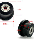 Two black plastic gym roller wheels with dimensions, part of a 4 Pack Universal Gym Machine Roller Wheels Heavy Duty Black Plastic Rollers.