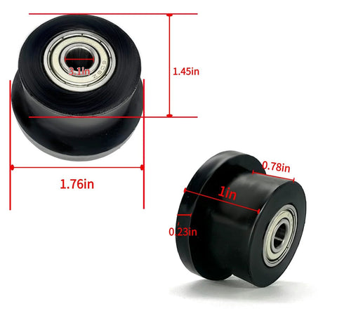 Two black plastic gym roller wheels with dimensions, part of a 4 Pack Universal Gym Machine Roller Wheels Heavy Duty Black Plastic Rollers.