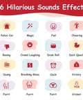 Image of 16 hilarious prank sound options featured in the Sound Effect Machine for Adults with Remote Control, including duck quack and drum roll.