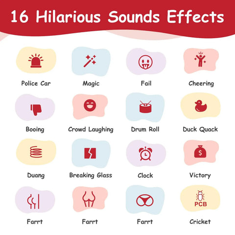 Image of 16 hilarious prank sound options featured in the Sound Effect Machine for Adults with Remote Control, including duck quack and drum roll.