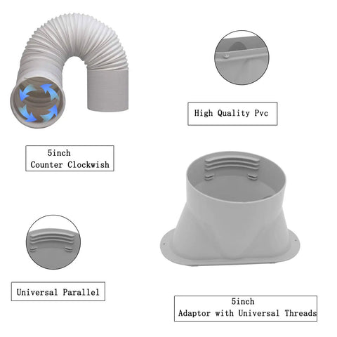 Ready To Go Portable AC Window Vent Kit With 5 Inch Hose 6 Piece Window Seal Set And Adjustable Sliding Window Plate For Portable Air Conditioners Fits 5 Inch Hoses 13 Cm And Keeps Cold Air In, featuring PVC hose and adapter components.