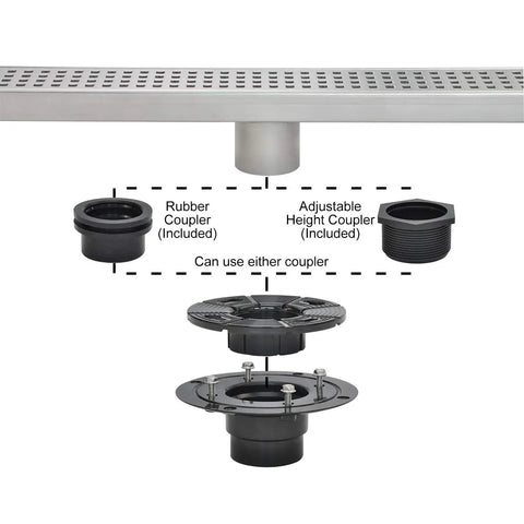 Diagram showing 2 Inch ABS Shower Drain Base with threaded joints and rubber seals, includes couplers for square or linear floor drain.