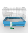 No Mess 4 Pack Automatic Bird Water Feeder And Food Dispenser Clip On Cage Hydration Kit For Parrots Parakeets Cockatiels Budgies inside a blue bird cage.