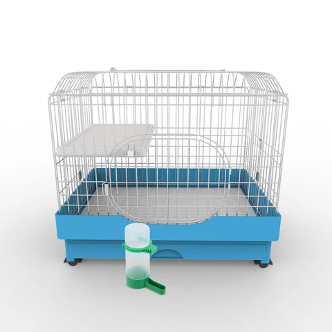 No Mess 4 Pack Automatic Bird Water Feeder And Food Dispenser Clip On Cage Hydration Kit For Parrots Parakeets Cockatiels Budgies inside a blue bird cage.