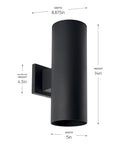 5 Inch Cylinder Outdoor LED Wall Sconce With 2 Lights Up And Down, Slick Aluminum Black Wall Mount Lighting front view dimensions